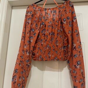 Free People Final Rose Orange & Blue Floral Blouse  NWOT Size Large